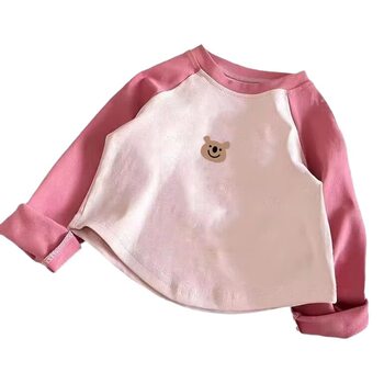 Pure Cotton cute bear autumn children's long-sleeved T-shirt contrast color boys and girls baby Western style printed cartoon Top Fashion