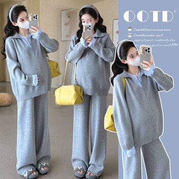 Maternity Wear Suit Autumn Wear 2025 Autumn and Winter New Style Pregnant Mother Wear Fashionable Sweater Wide Leg Pants Two-Piece Set