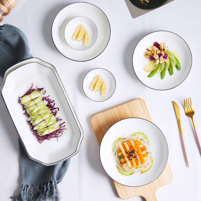 Household Dish Plate Ceramic Plate Kitchen Simple Ceramic Plate Vertical Pattern and Simple Two Types Shipped Randomly