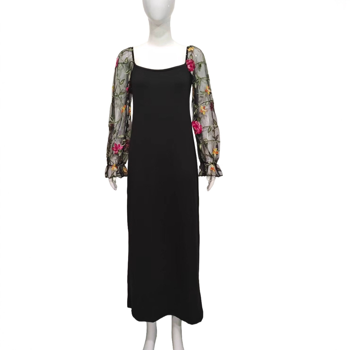 Elegant Womens Dress Heart Shaped Neckline Floral Embroidery Sheer Fabric Slim Fit Perfect for Parties and Special