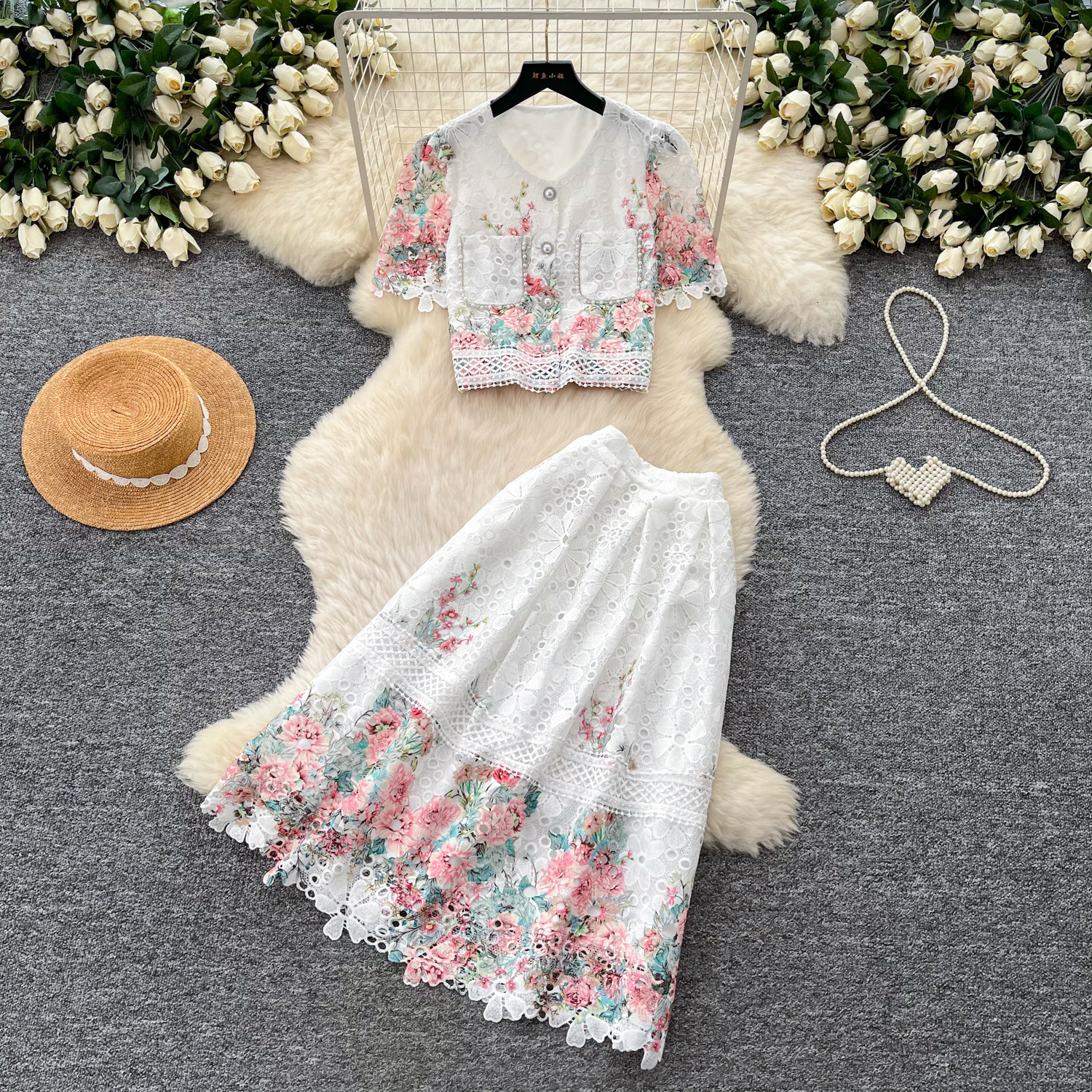 Elegant Womens Two Piece Set Embroidered Lace Top High Waisted Skirt Summer Fashion for Special Occasions Wholesale