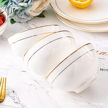 Bone china bowl household Olympic bowl New Jingdezhen High-end tableware golden edge goblet anti-scald rice bowl exquisite noodle bowl