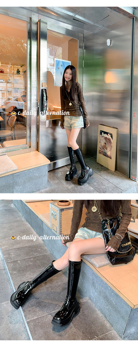 Boot nữ cổ cao ôm bắp chân gót vuông 9cm tăng chiều cao, đế dày chống trượt — Da sáng chế màu đen lót nhung ống nhỏ, Lót nhung ống nhỏ màu be, Màu đen bằng sáng chế da ống nhỏ bên trong, Màu đen da bò ống nhỏ lót một lớp