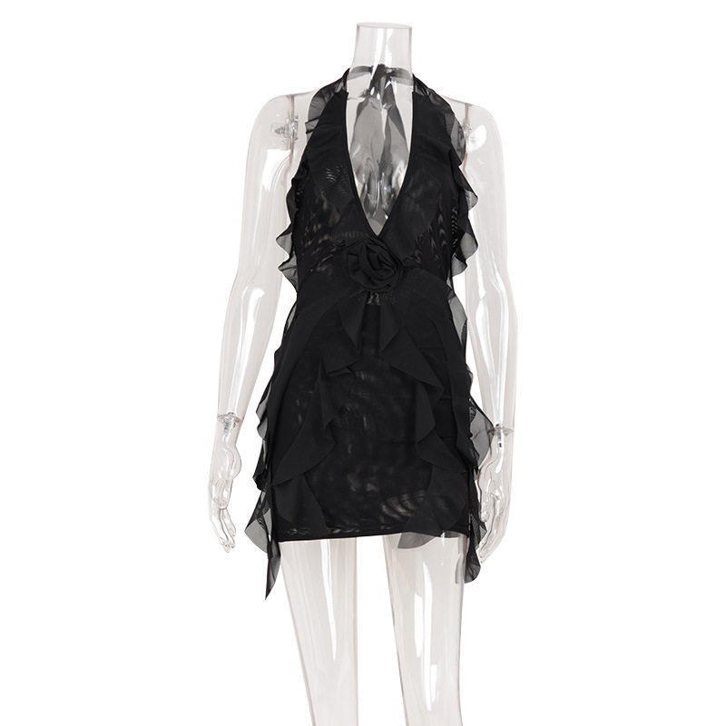 French Inspired Backless Halter Dress Ruffled Hem Asymmetrical Design Sexy Fit Perfect for Summer Vacations OEM