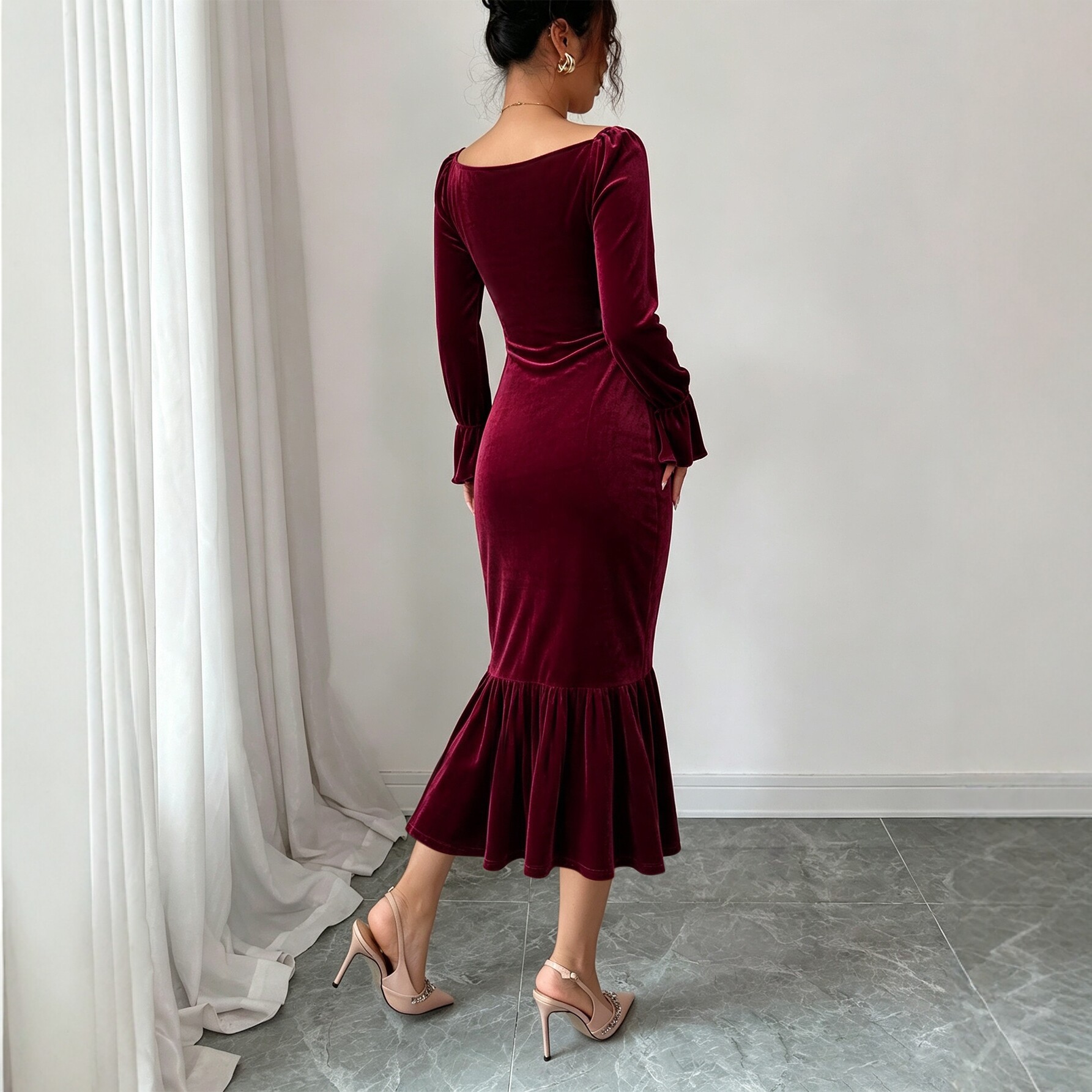 Velvet V Neck Dress Slimming Fit Irregular Hem Midi Length Autumn Winter Fashion Wholesale Available