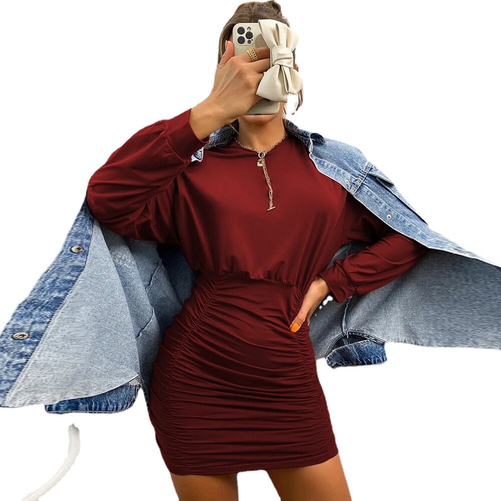 Womens Long Sleeve Knitted Dress Loose Fit Ruched Waist Bodycon Style Spring Summer Fashion Wholesale Available