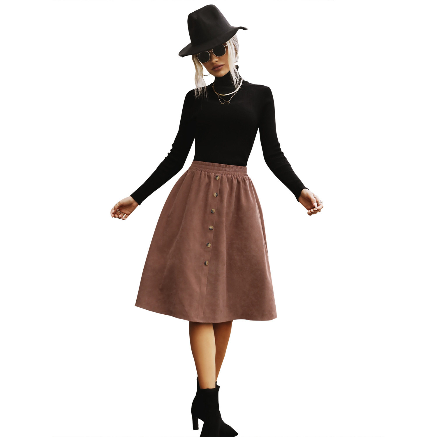 A Line Midi Skirt Button Detail Elastic Waist Fall Fashion Casual Wear for Women Wholesale Available