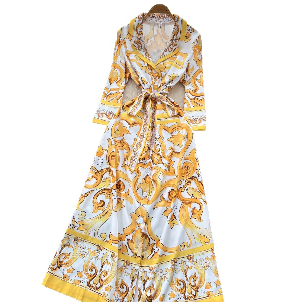 Vintage Inspired Floral Print Dress Long Sleeve Waist Tie Elegant Style Perfect for Formal Occasions Wholesale