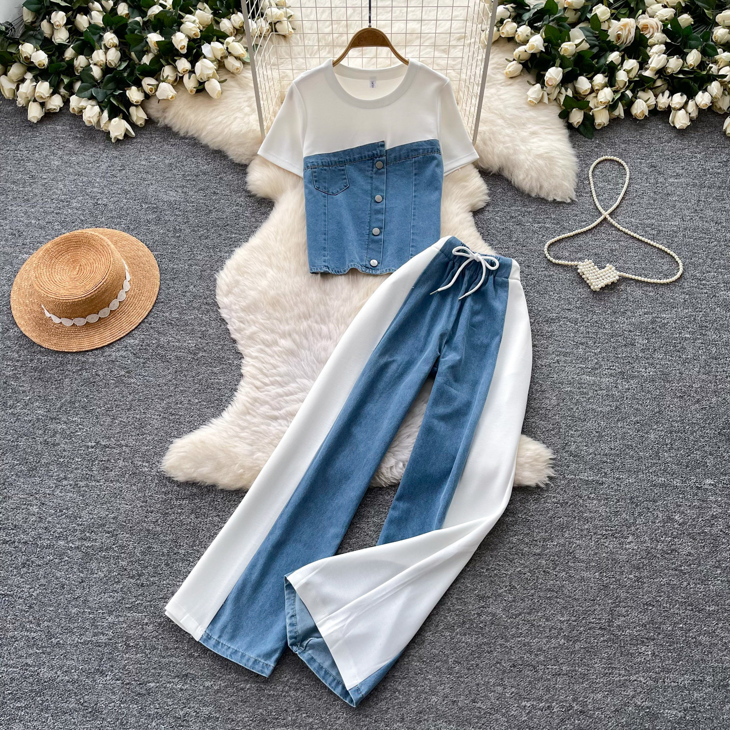Retro Style Two Piece Set High Waist Wide Leg Pants Relaxed Fit Chic Design Summer Office Wear Wholesale Available