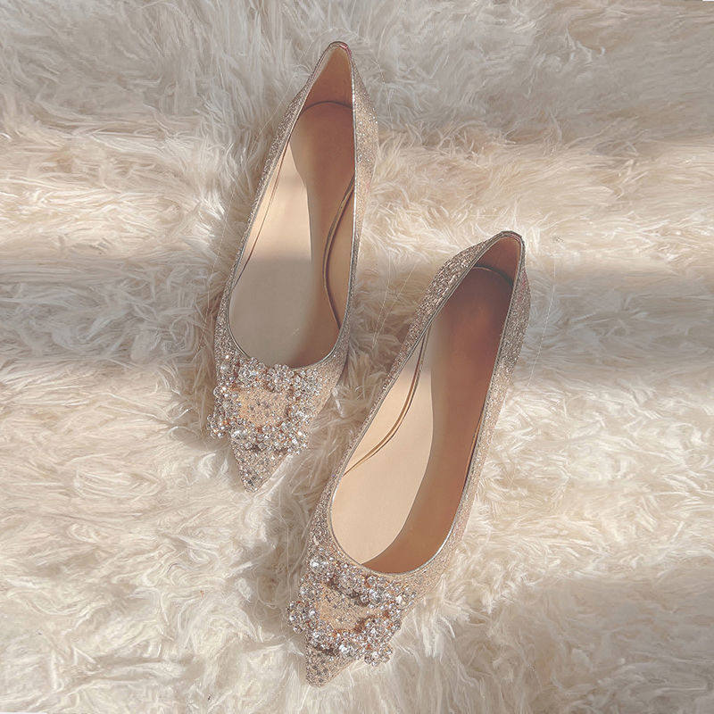 Wedding Shoes for Women 2025 New Style Rhinestone Pearl Pointed Toe Flats Shoes for Female Bridesmaids High and Low Heel Shallow Mouth Crystal Sequin Shoes