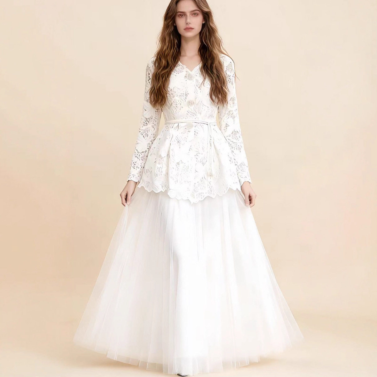 French Style Two Piece Set Elegant Lace Top with Tie Waist High Waisted Tulle Skirt Perfect for Parties or Special