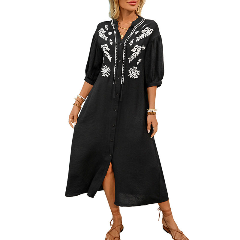 Casual Embroidered Dress Loose Fit Mid Sleeve Ethnic Style Summer Fashion for Women Wholesale Available