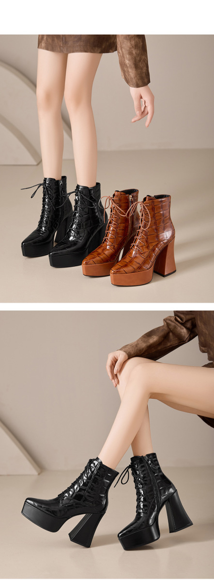 Boot Martin nữ da bò vân đá buộc dây gót cao 12cm mũi nhọn — Lớp lót đơn màu đen, Lớp lót đơn màu nâu, Lớp lót nhung đen, Nhung nâu