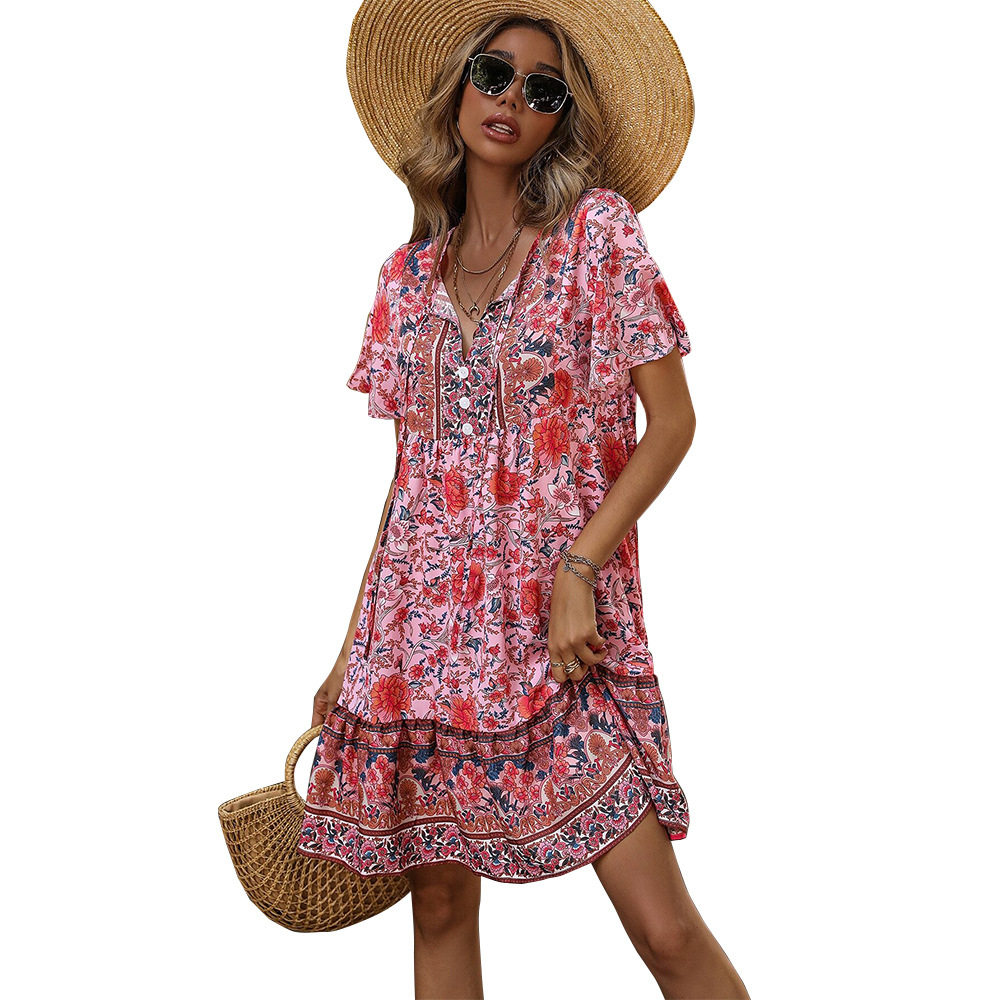 Bohemian Floral Print Maxi Dress V Neck Loose Fit Plus Size Casual Vacation Wear Wholesale Available