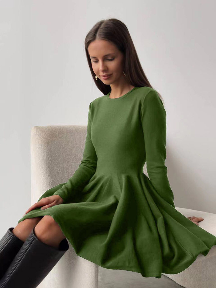 Knit Dress Round Neck Waist Defined Pleated Design Casual Chic for Everyday Wear Wholesale Available
