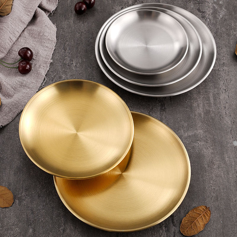 Korean-style 304 Stainless Steel Disc Commercial Golden Barbecue Plate Tray Cake Plate Bone Plate Shallow Plate Custom Logo