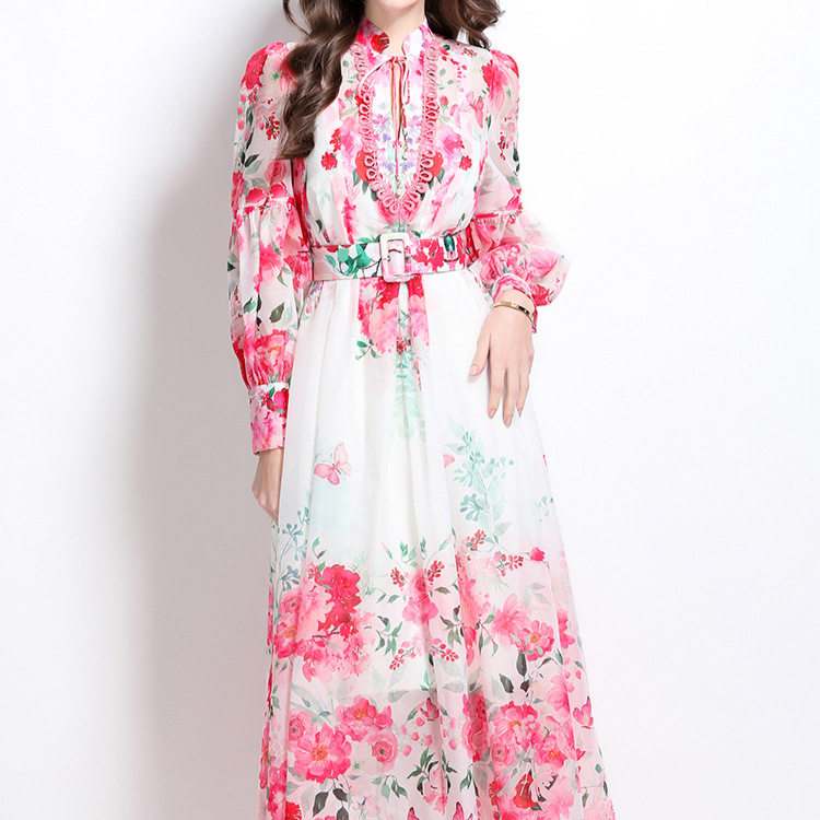 Elegant Floral Maxi Dress High Waist Lantern Sleeves Spring Collection Perfect for Formal Occasions Wholesale