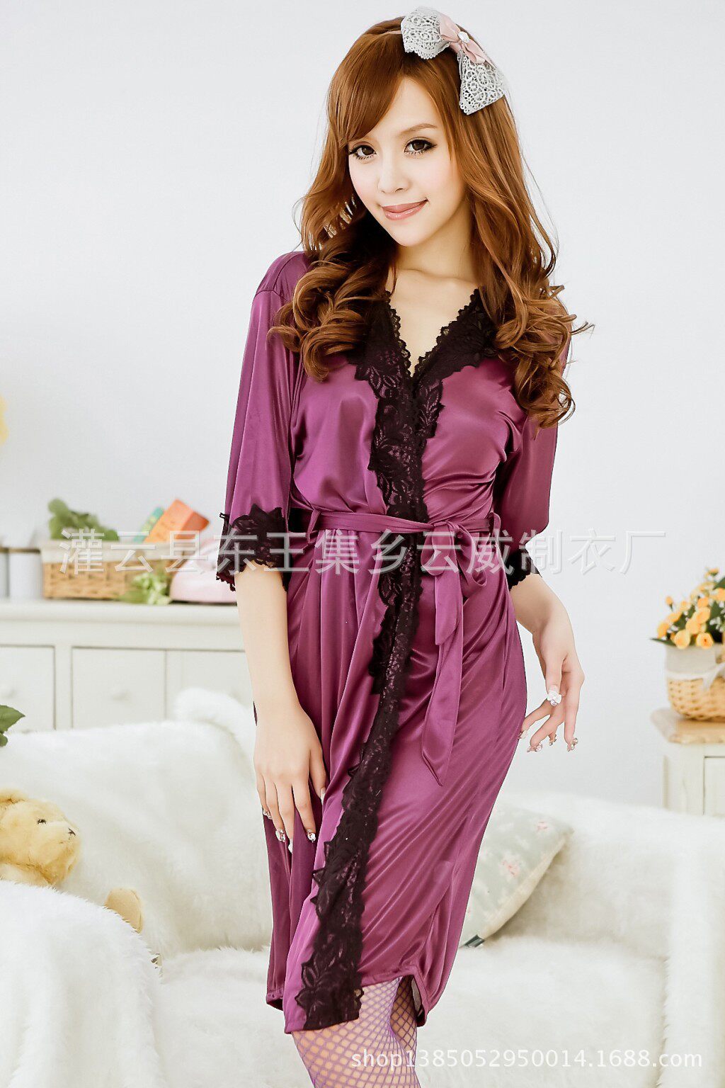 女式性感情趣诱惑浴袍蕾丝睡袍家居服套装女低胸透视情调长裙批发