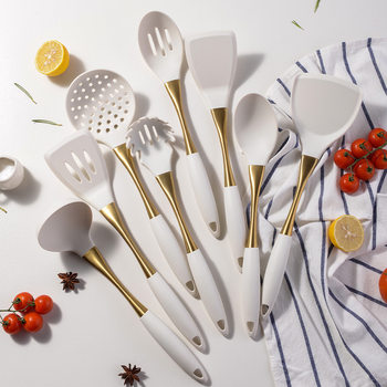 Spot 304 Stainless Steel Gold-Plated Handle Silicone Cooking Kitchenware Silent Spatula and Spoon 8-Piece Set