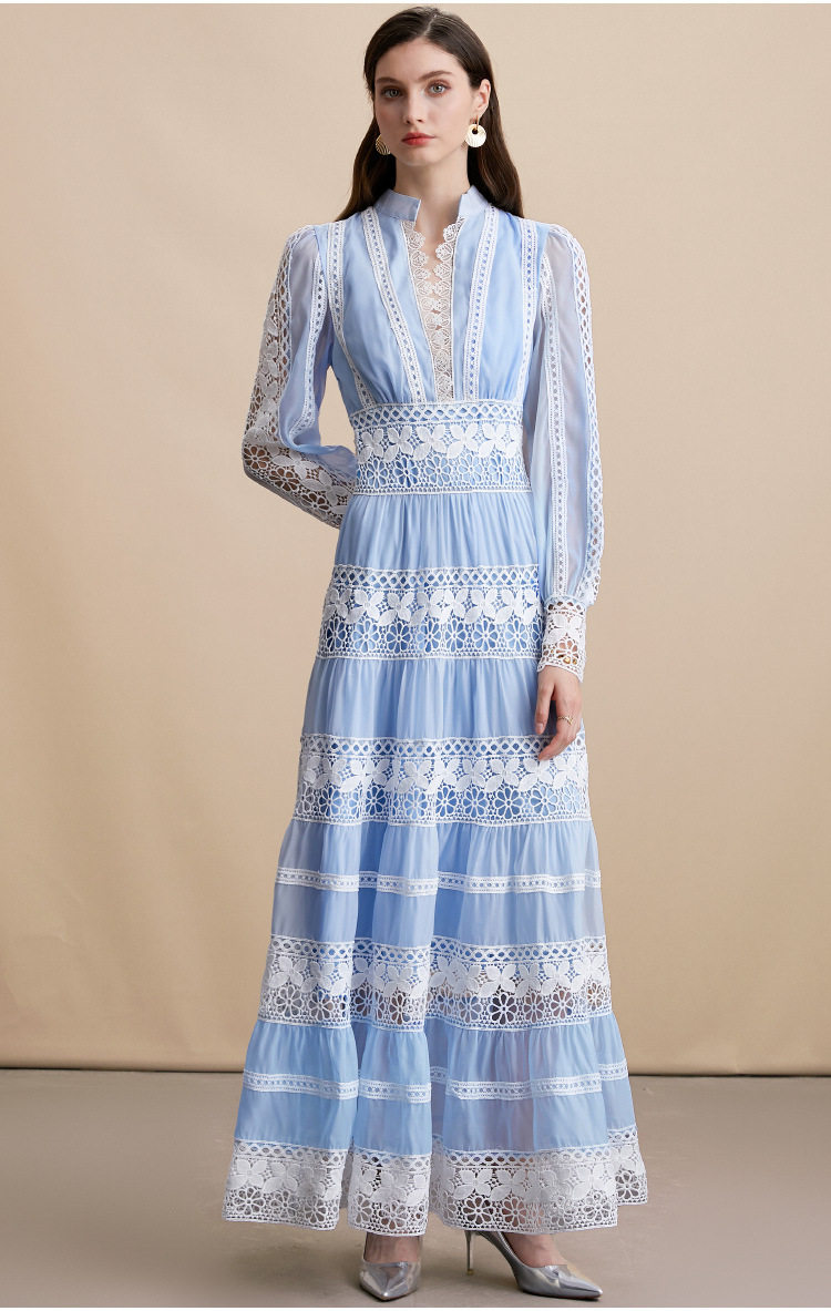 Elegant V Neck Lantern Sleeve Dress Stunning Lace Paneling Waist Defining Autumn Fashion Wholesale Available