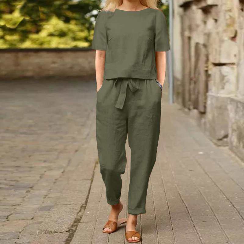 in stock cross-border foreign trade women's cotton and linen summer with suit half sleeve o collar oversize blouse e wide leg pants vintage suit