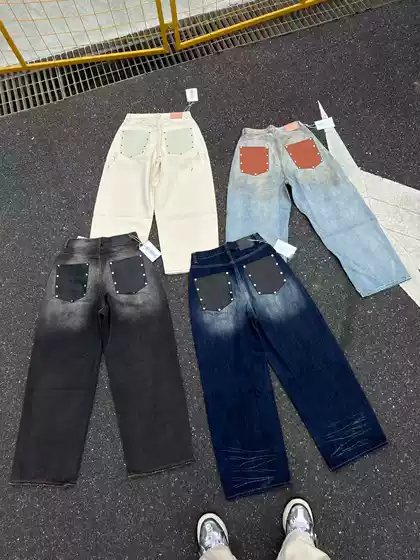 Trendy Brand Studded Leather Pocket Jeans, Vintage Distressed Washed Loose Wide-Leg Pants, Street Style Slimming Long Pants, Ac Style
