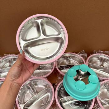 Minijia 304 Stainless Steel Compartmented Bowl Baby Food Bowl Special Dinner Plate Anti-Fall and Anti-Scalding Baby Tableware Set