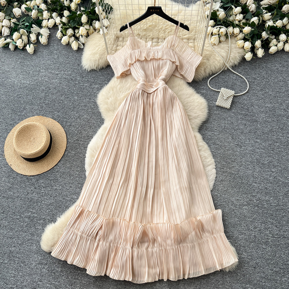 Off Shoulder Summer Dress French Style Sweetheart Neckline Waist Defined Flowy Maxi Ideal for Vacations and Special