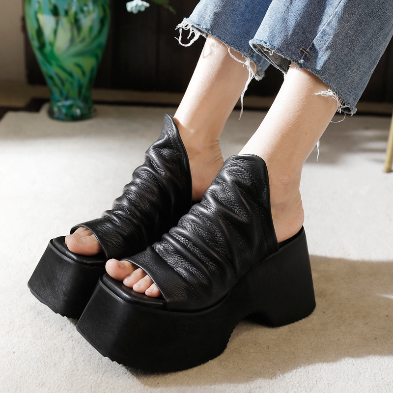 Dép sandal nữ mũi cá da bò thật đế dày gót xuồng — Màu đen, Màu nâu