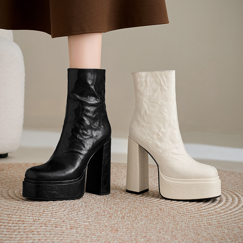 Boot nữ cổ ngắn gót thô siêu cao 13.5cm da cừu mũi tròn có khóa kéo bên hông — Lớp lót đơn màu đen, Lót đơn màu trắng kem, Lót nhung đen, Lót nhung màu be