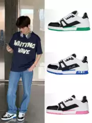 Vuittont2025 Casual Shoes, Calfskin Floral Trendy Lace-Up Sneakers with Hidden Height Increase, Low-Top, Unisex, White