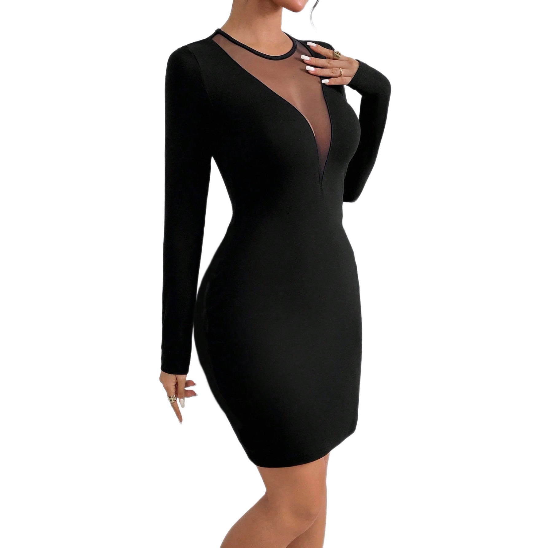 Mesh Bodycon Dress for Women Long Sleeve Round Neck Slim Fit Sexy Short Skirt Perfect for Parties and Events