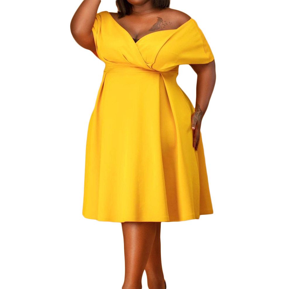 Summer Womens Dress Short Sleeve V Neck Solid Color Plus Size Off Shoulder Casual or Party Wear Wholesale
