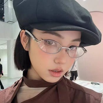 Pure Elliptical Glasses Frame Pearl Diamond Small Face Small Frame Flat Glasses Advanced Sense Plain Glasses Frame Can be Equipted with Myopia