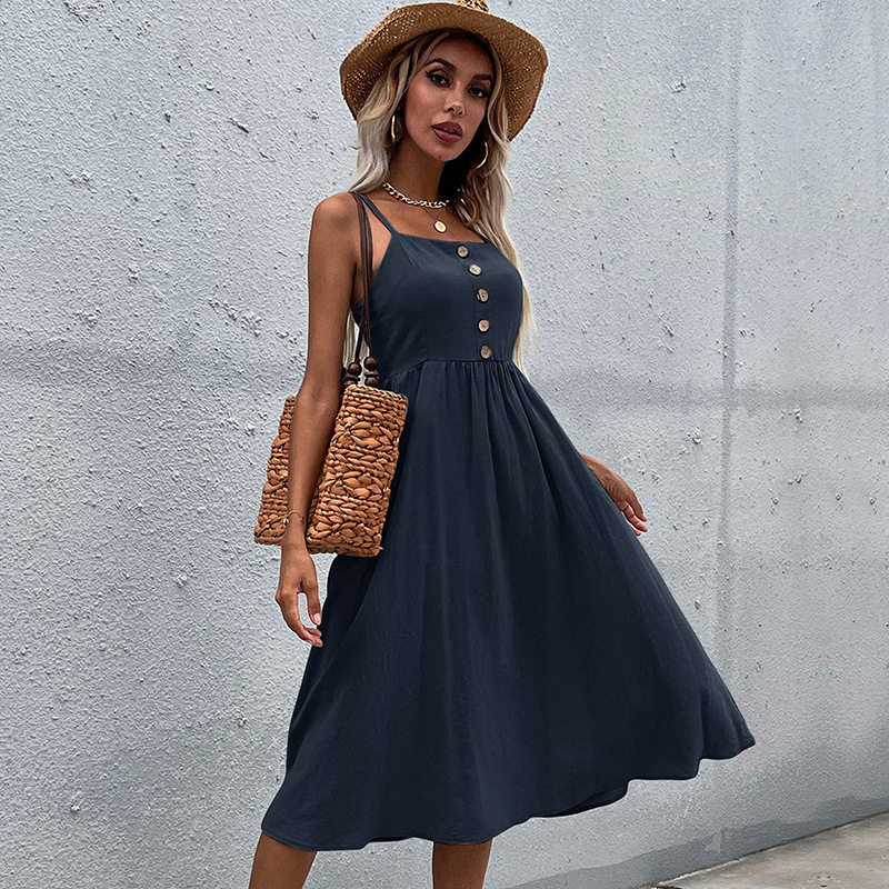 Summer Womens Casual Dress Slim Fit Solid Color Cotton Linen Blend Spaghetti Straps Perfect for Beach or Party