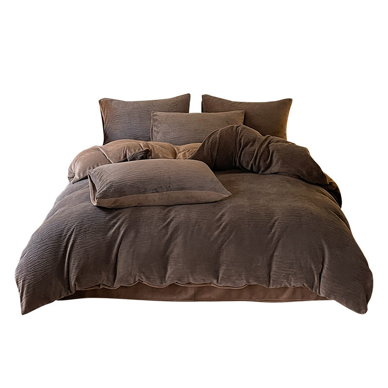 High-End Carved Milk Velvet Four-Piece Autumn and Winter Coral Velvet Quilt Cover Simple Pure Color Bed Bed Sheets Bedding Three-Piece Set