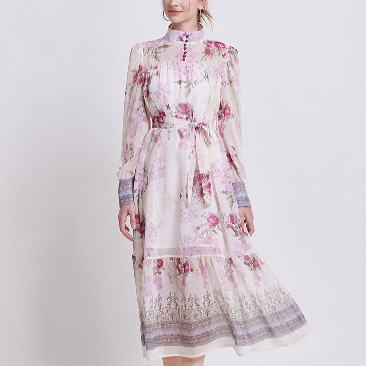 Elegant Womens Long Sleeve Dress High Neck Waist Tie Ruffled Hem Floral Print Perfect for Spring Summer Events