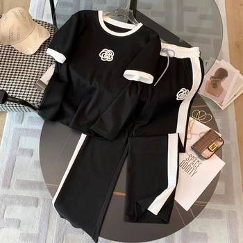 High-end Casual Sports suit Women's Summer Fashionable Age-reducing Western-style Short-sleeved T-shirt Wide-leg Pants Fashionable Two-piece Set