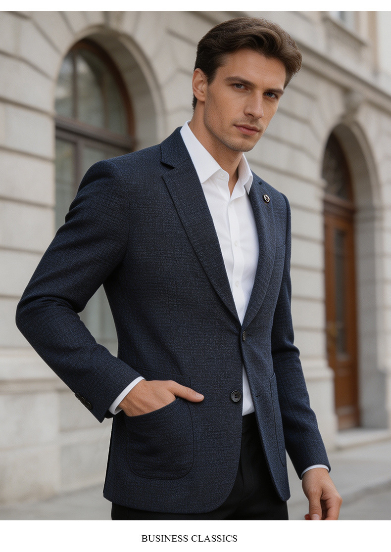 Áo blazer nam dệt kim dày dặn dáng ôm chống nhăn phong cách công sở — Màu xanh lam, màu xám