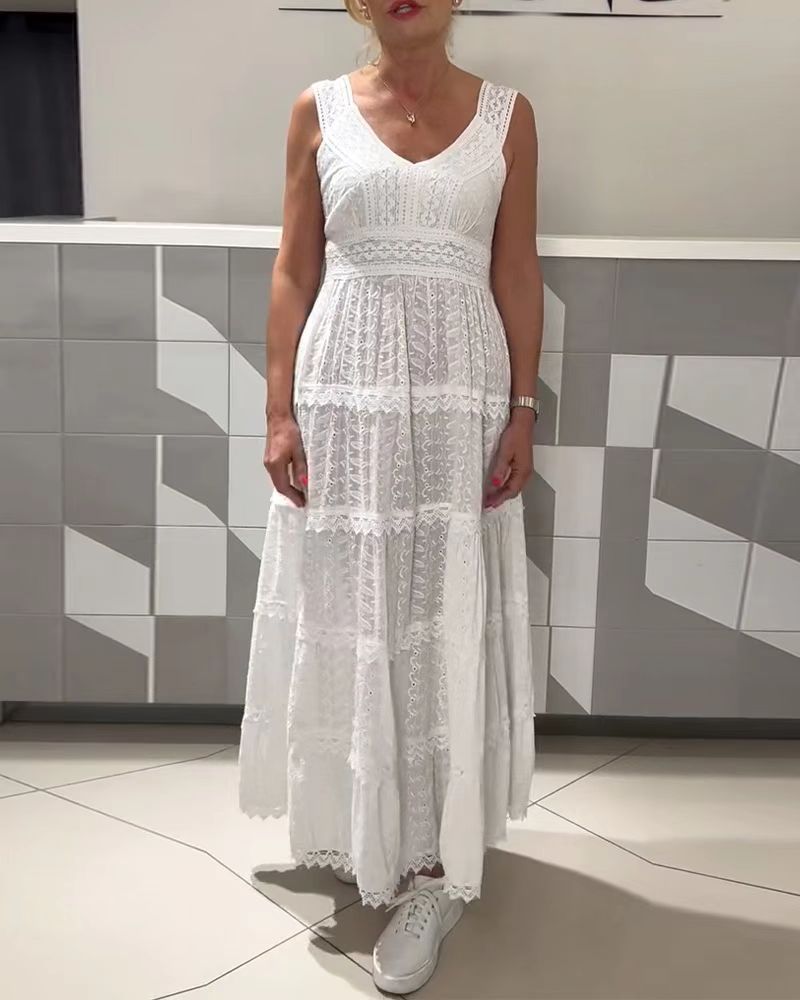 Womens Sleeveless Lace Panel Dress Solid Color V Neck Elegant Design Autumn Fashion for Parties and Events OEM