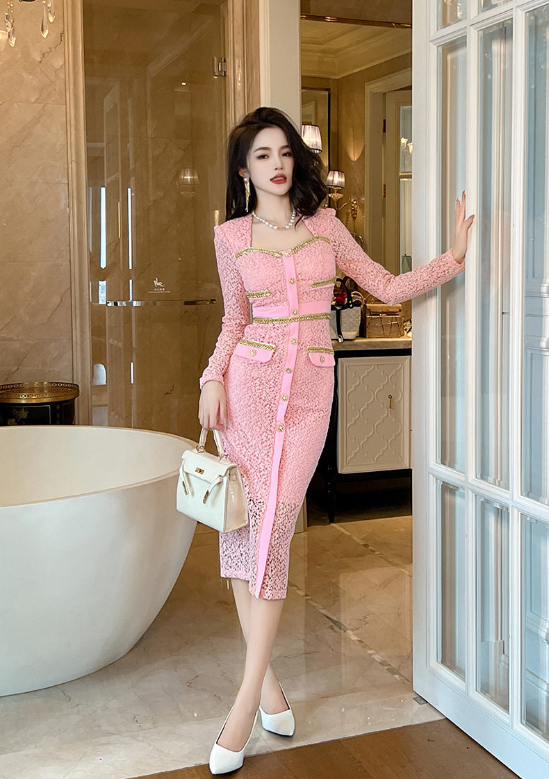 Đầm ren nữ cổ vuông dài tay phối dây xích ôm body thanh lịch — Hoa Anh Đào