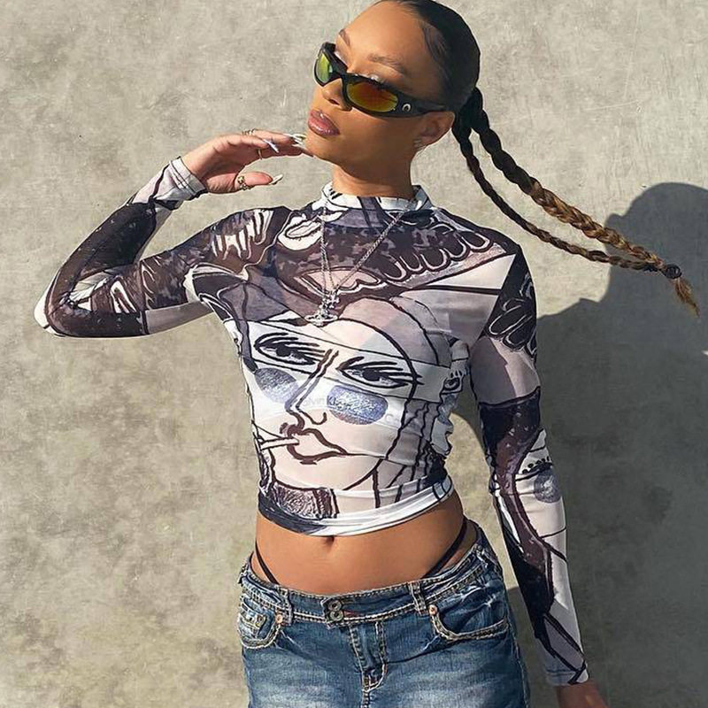 Womens High Waisted Cropped T Shirt Sexy Sheer Mesh Round Neck Long Sleeve Face Print Casual Wear Wholesale