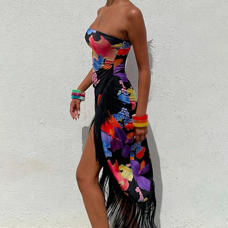 Summer Womens Strapless Dress Floral Print Fringe Hem Mid Length Beach Vacation Style Wholesale Available