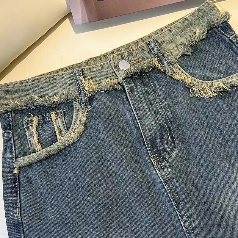Fashionable Slim Fit High Waisted Denim Skirt Frayed Hem Side Slit Versatile Style Casual Wear Ready to Ship