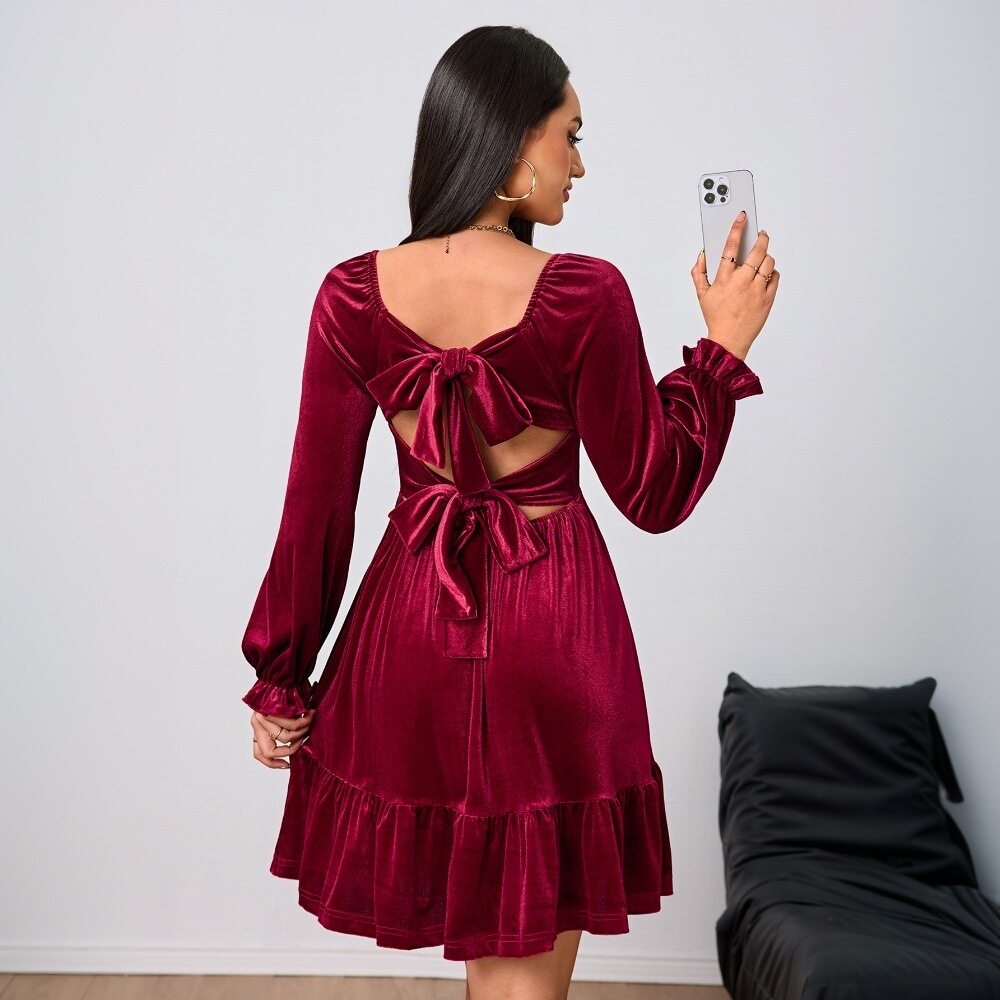 French Style Velvet Midi Dress Elegant Burgundy Color Spring Summer Collection Wholesale Available