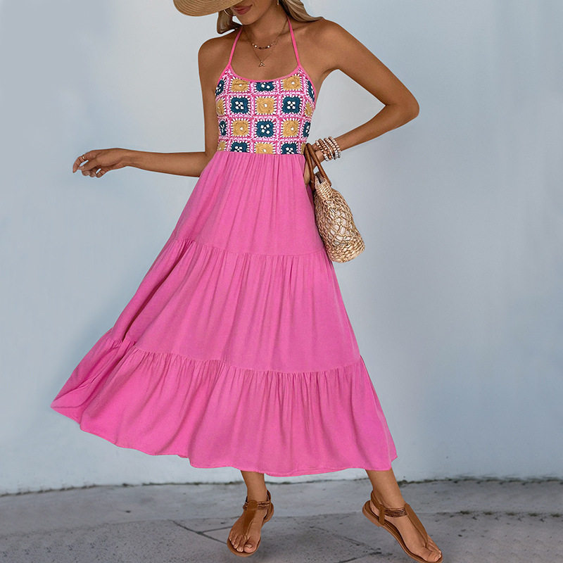 Sweet Pink Halter Neck Dress Color Block Design Beach Vacation Style Perfect for Summer Getaways Wholesale Available
