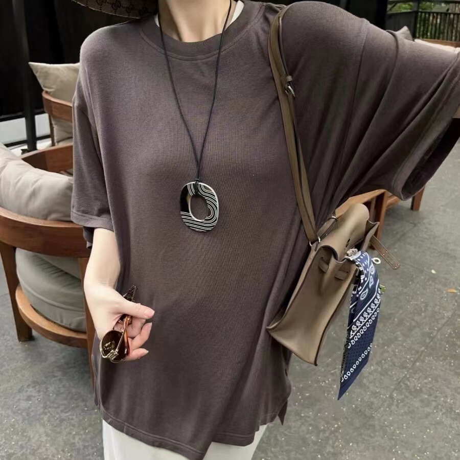 Áo thun nữ cổ tròn tay ngắn dáng rộng phong cách Hàn Quốc — Màu xám nhạt, chất lượng cao, Màu yến mạch, Xám nâu đậm