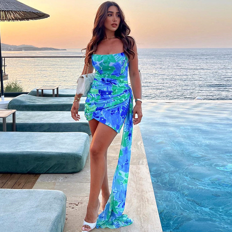 Off Shoulder Ruched Bodycon Dress Floral Print Color Block Vacation Style Wholesale Womens Fashion Apparel