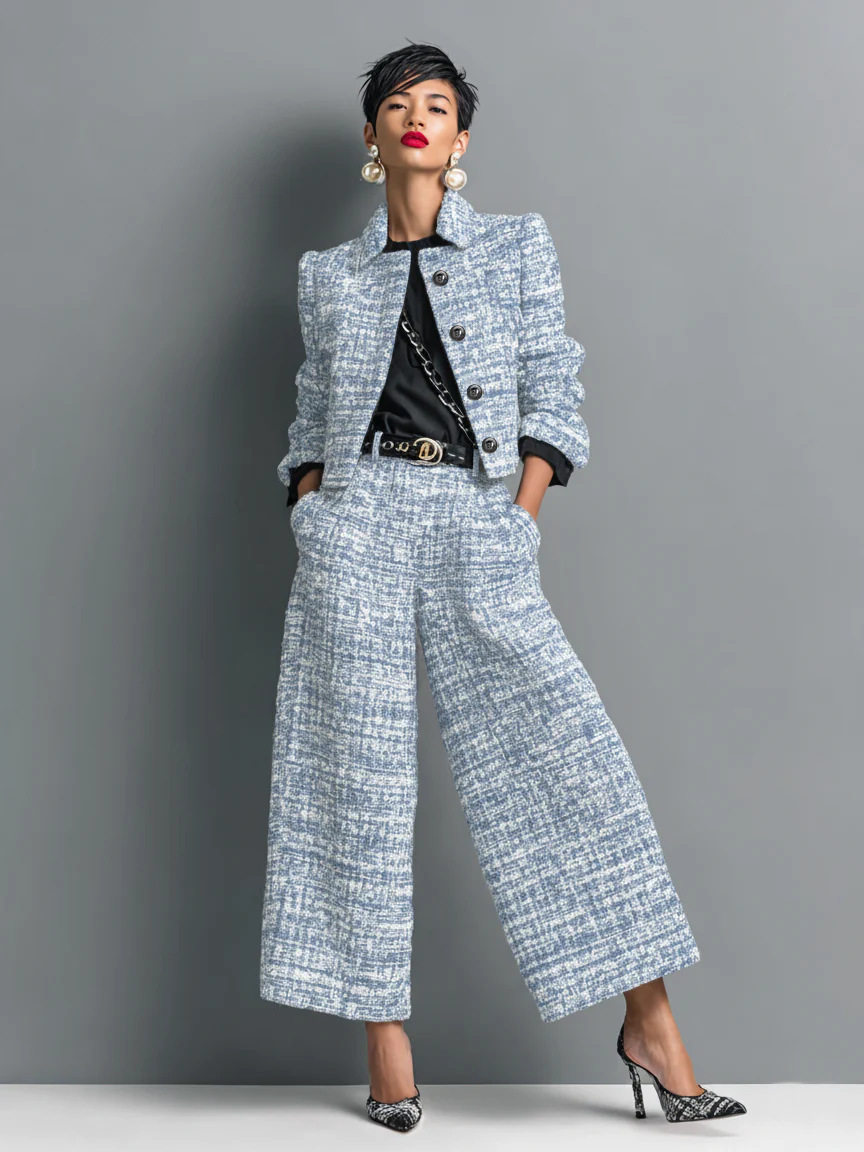 2025 Cross-Border European and American New Style Lapel Slim Women's European and American Style Long-Sleeved Short Jacket with Wide-Leg Pants Suit