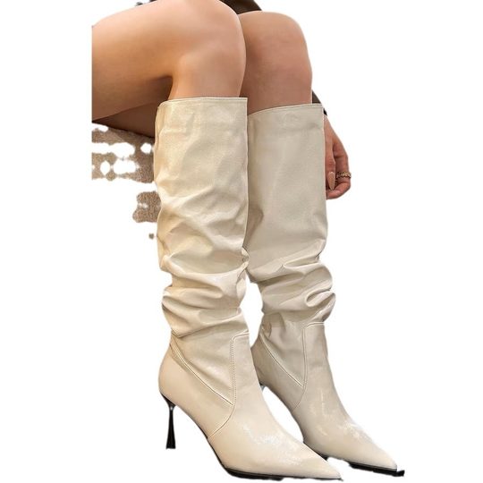 Soft Leather Version ~ Sexy Stiletto Pleated Pile Boots for Sexys Pointed Toe High Knight Boots with Large Circumference and High Heel Boots